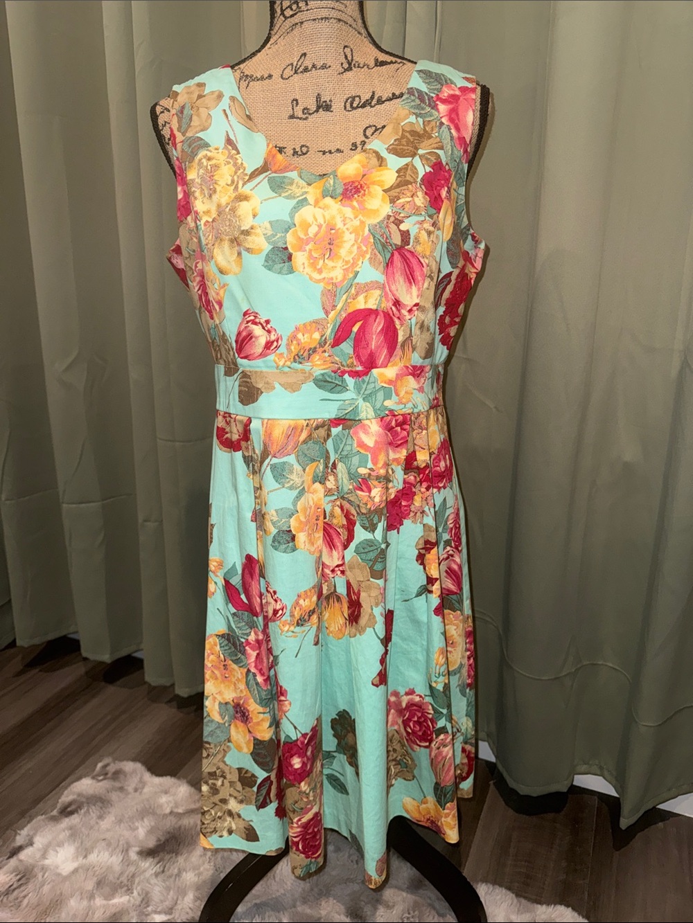 Tiana B. Aqua Floral Midi Dress with Pink & Yellow Blooms